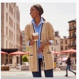 Talbots Cardigan Tan Cable Knit Varsity Longline Button-Front V-neck Sweater